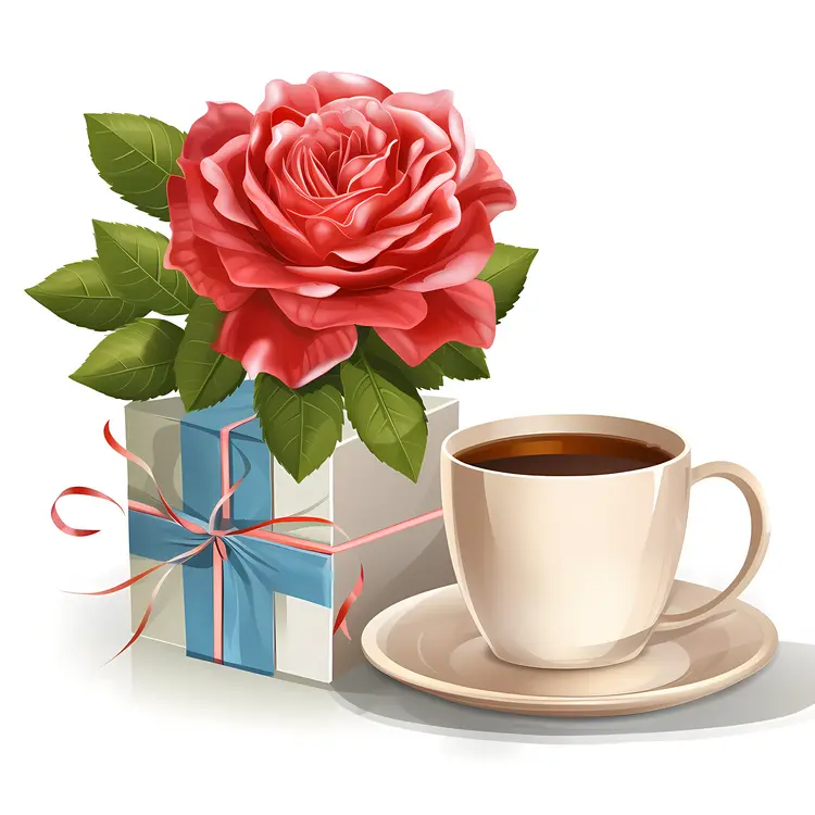 Red Rose and Gift Box with Coffee Cup