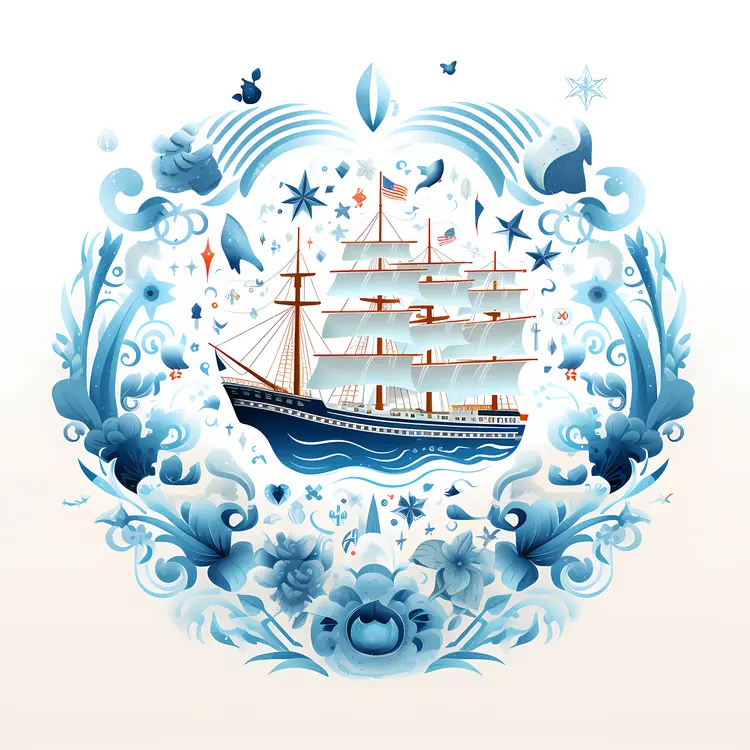 Blue Ship with Sails in the Ocean