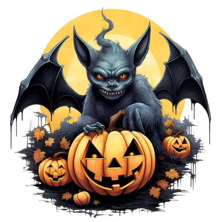 Grim Bat on Pumpkin with Halloween Theme