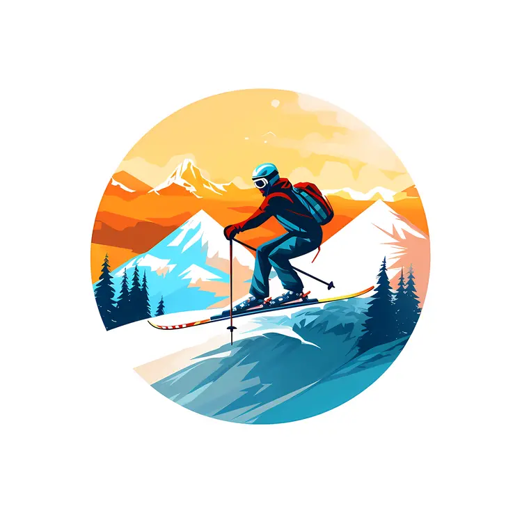Skiing in the Mountains at Sunset