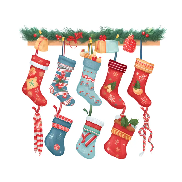 Colorful Christmas Stockings Hanging on Garland