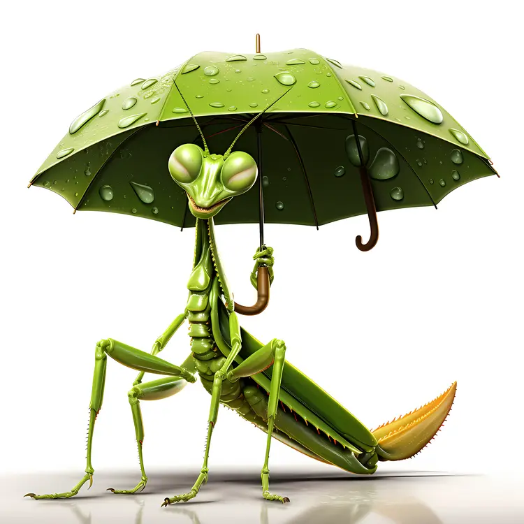 Cartoon Praying Mantis with Green Umbrella