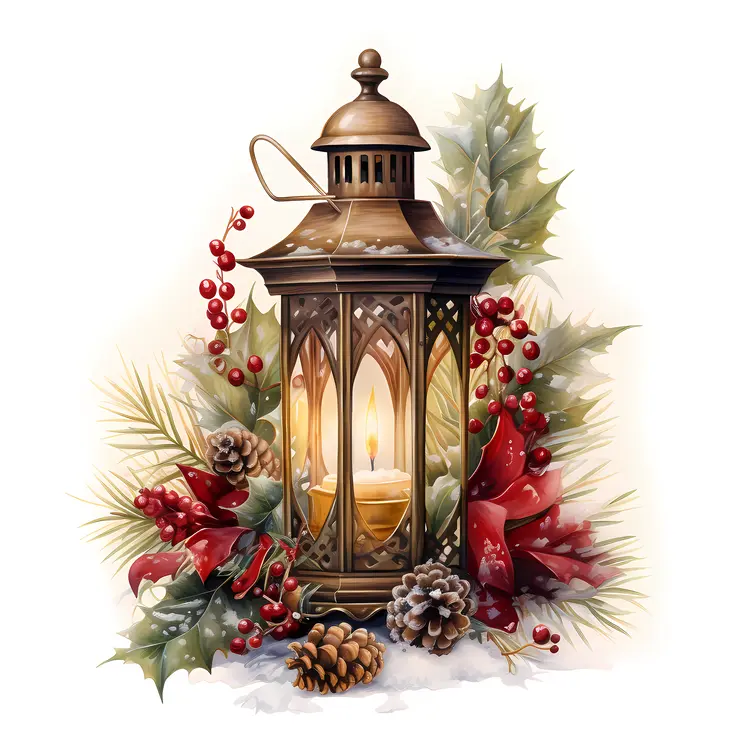 Bronze Lantern with Holly and Pinecones