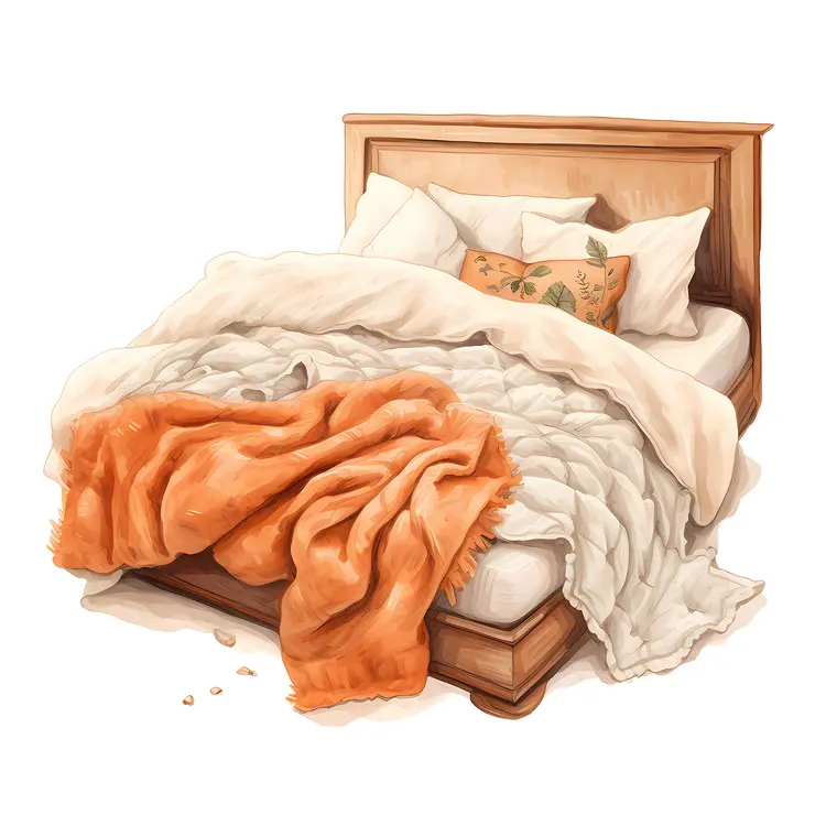 Wooden Bed with Orange Blanket and Cozy Pillows