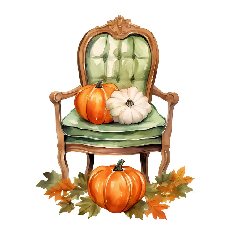 Pumpkins on Green Chair with Autumn Leaves