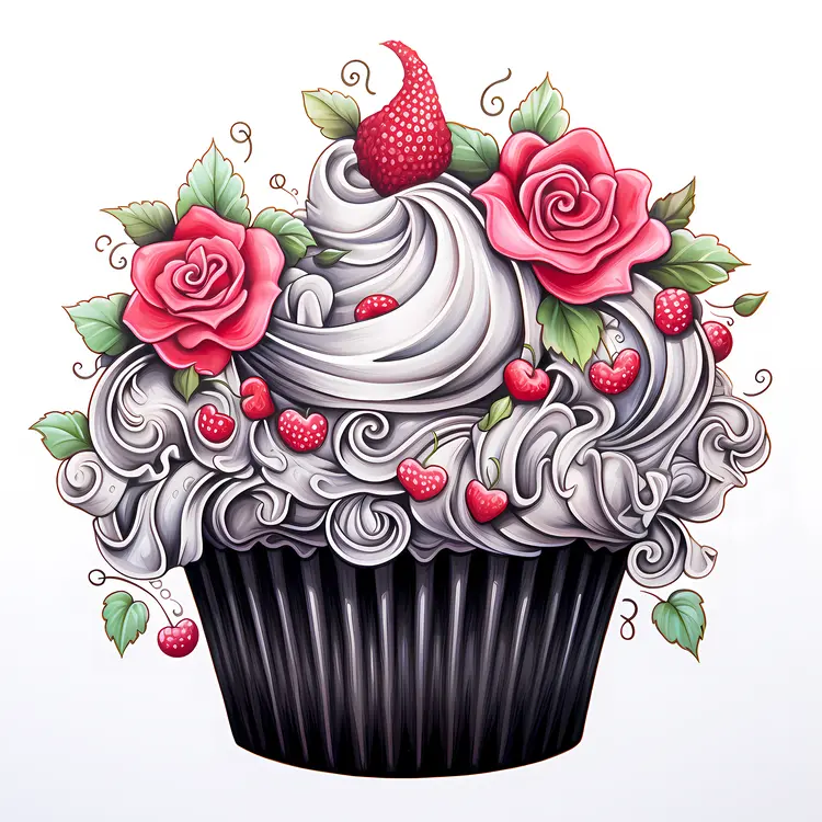 Beautifully Decorated Cupcake with Flowers and Berries