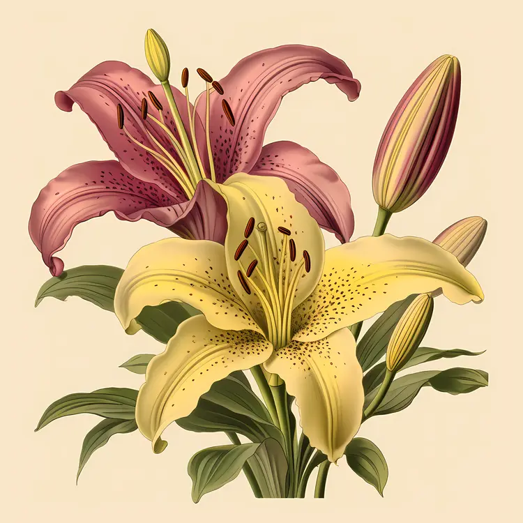 Vintage Yellow and Pink Lilies