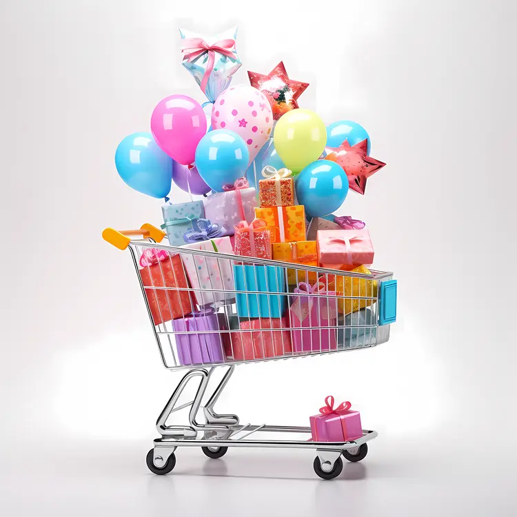 Shopping Cart with Colorful Gifts and Balloons