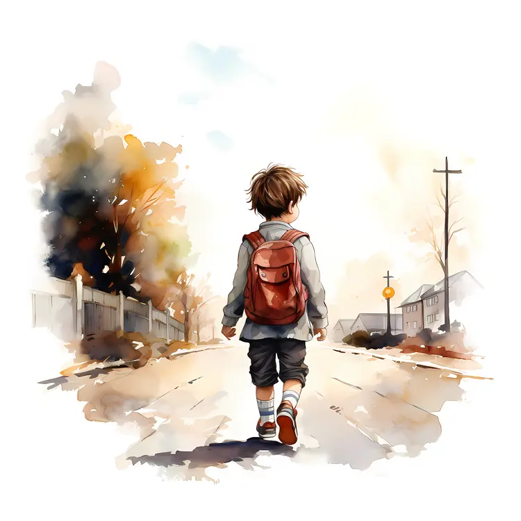 Boy Walking with Backpack on Street
