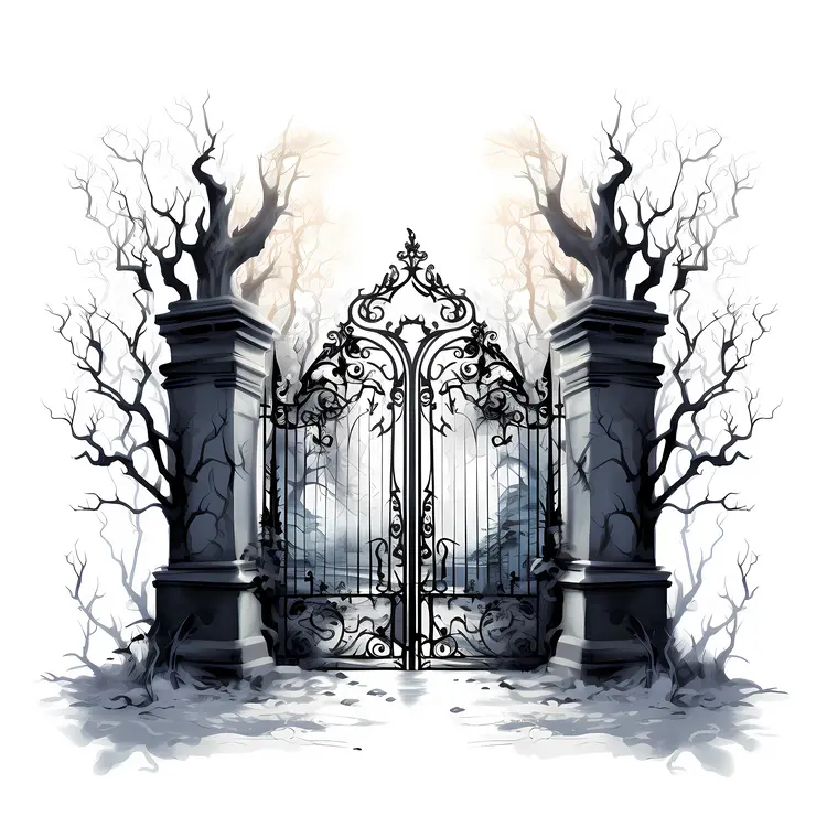 Spooky Haunted Gate with Fog and Trees