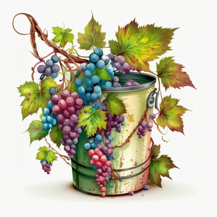Rustic Bucket with Grapes and Leaves