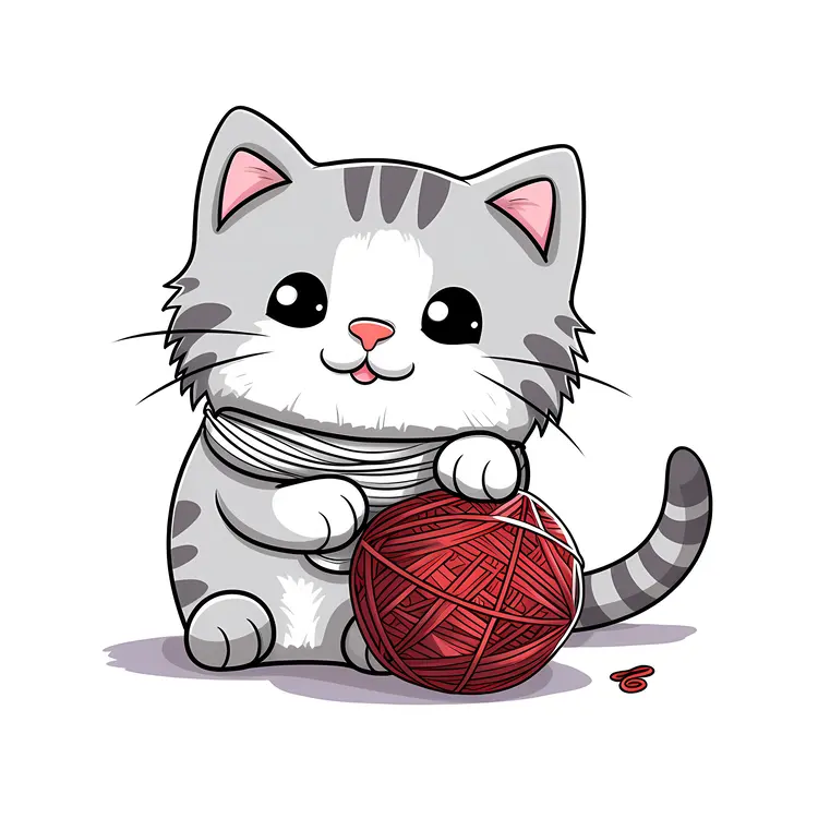 Cute Cartoon Cat with Red Yarn Ball
