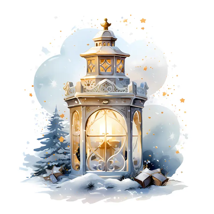 White Lantern in Snowy Christmas Scene