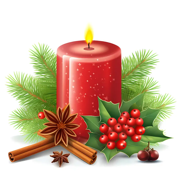 Festive Red Candle with Holly and Berries