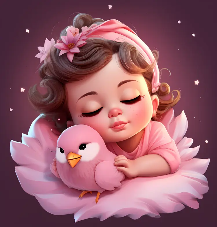 Sleeping Baby with a Pink Bird and Flowers