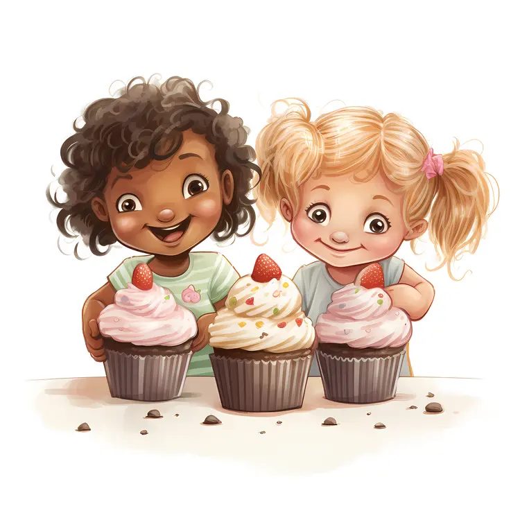 Two Happy Children with Cupcakes