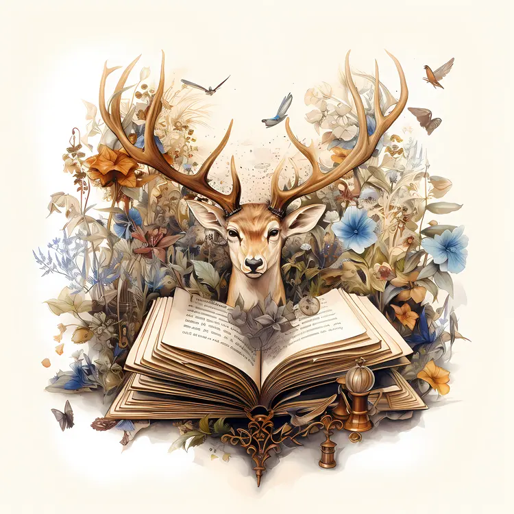 Open Book with Deer and Floral Decor