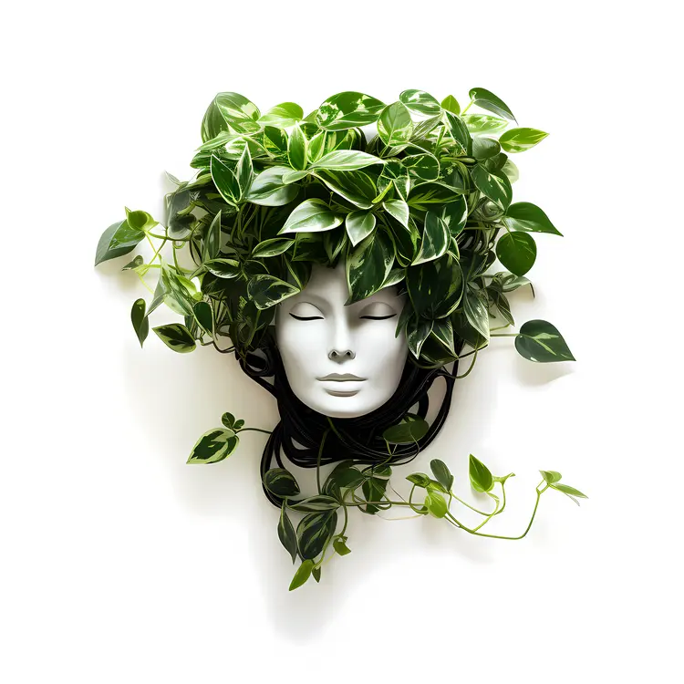 Plant Head Sculpture with Leaves