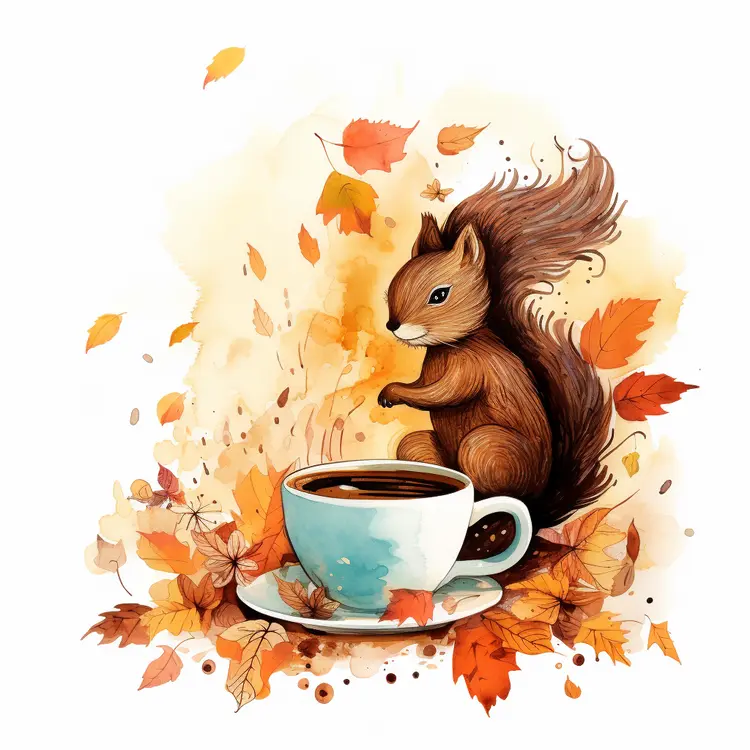 Squirrel with Cup and Autumn Leaves