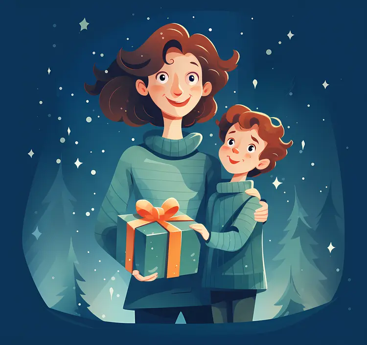 Mother and Child with Christmas Gift