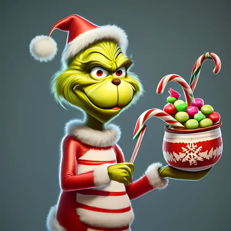 Grinch with Candy Canes and Sweets in Santa Hat