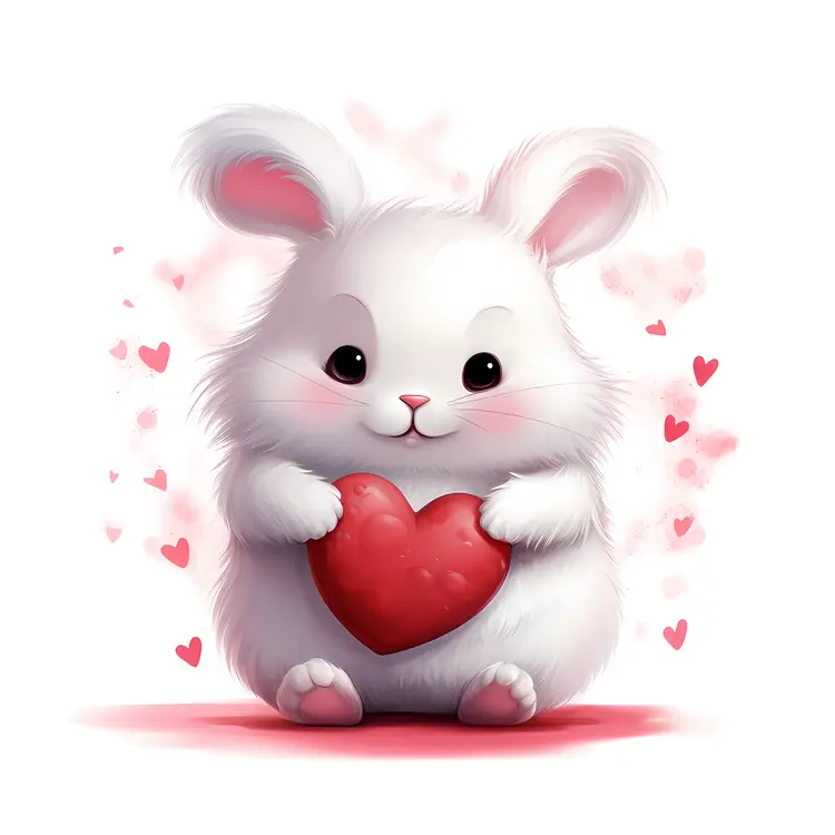 White Bunny Holding a Heart Surrounded by Hearts