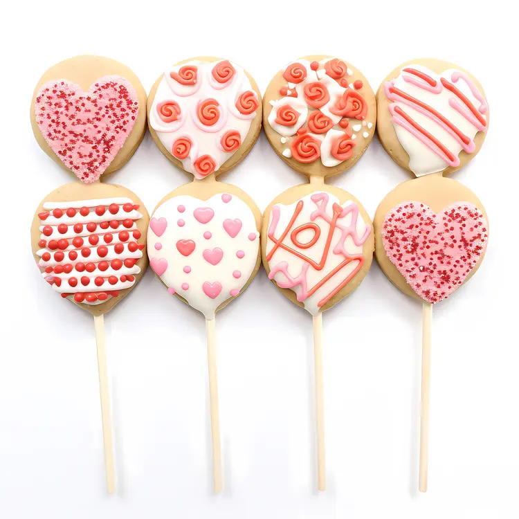Decorated Heart-shaped Cookies on Sticks