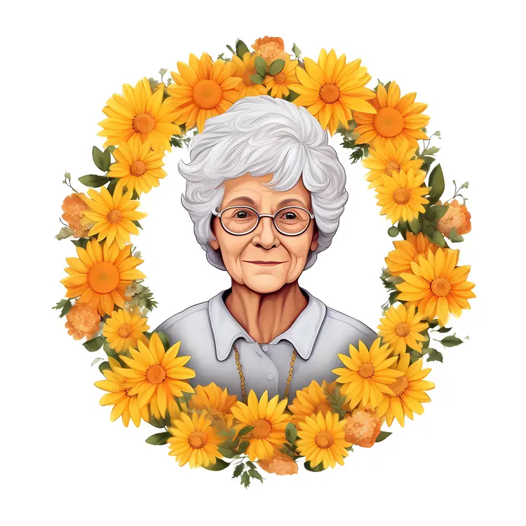 Elderly Woman Surrounded by Floral Wreath