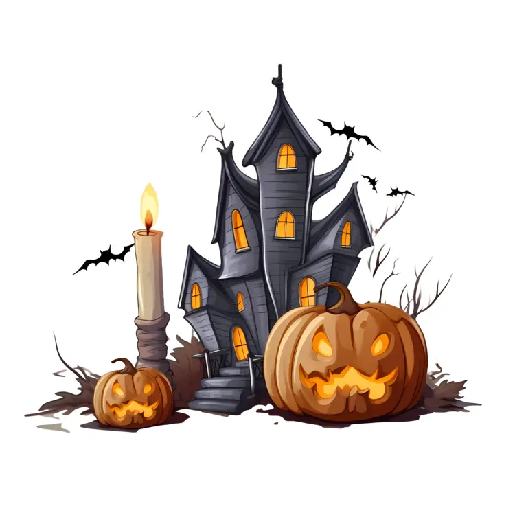 Haunted House with Jack-o'-Lanterns and Bats