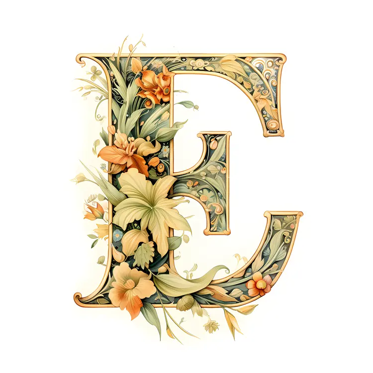 Floral E Letter with Decorative Flowers