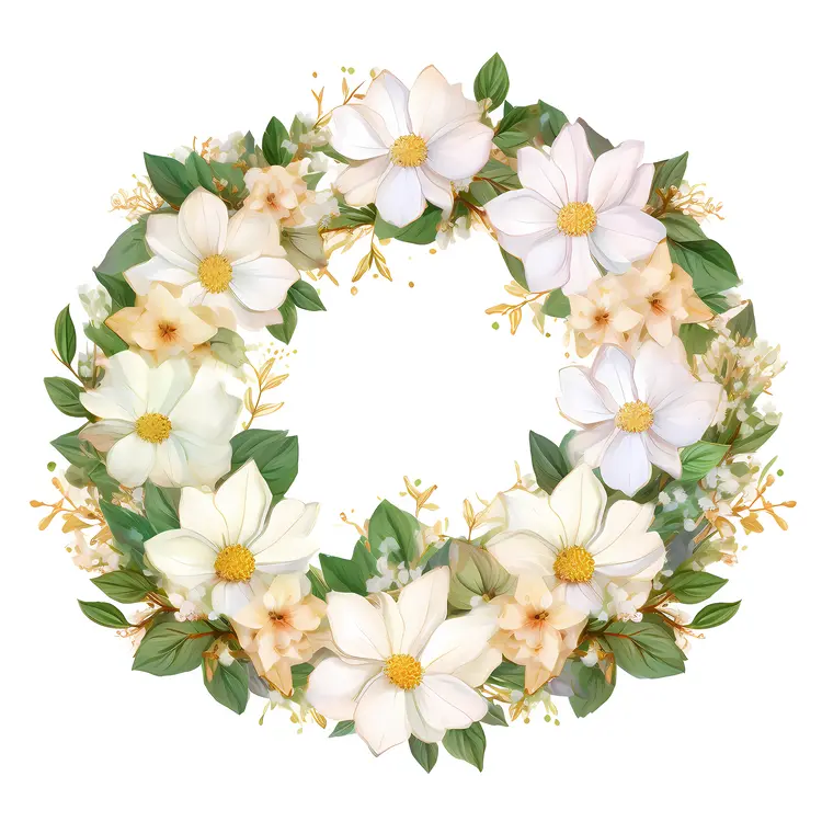 White Flower Wreath with Green Leaves and Yellow Accents
