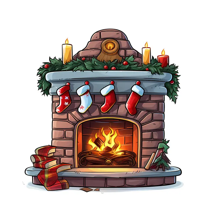 Christmas Fireplace with Stockings and Candles