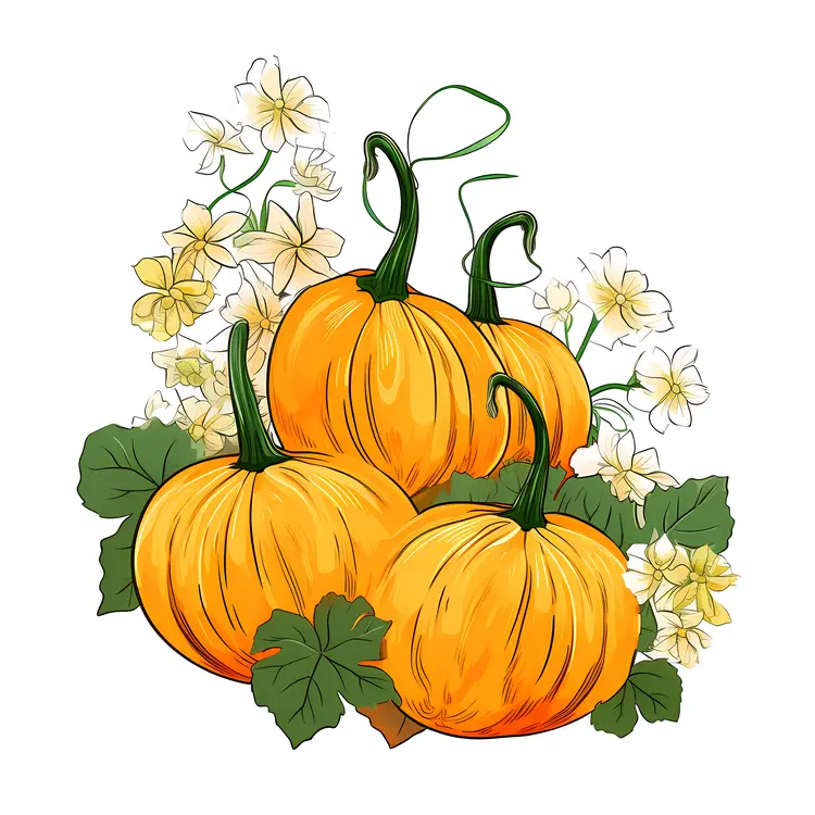 Pumpkins with Flowers and Leaves