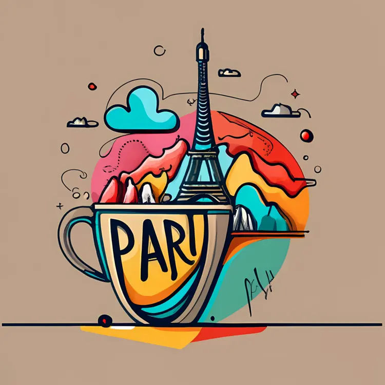 Eiffel Tower with Coffee Cup and Colorful Background