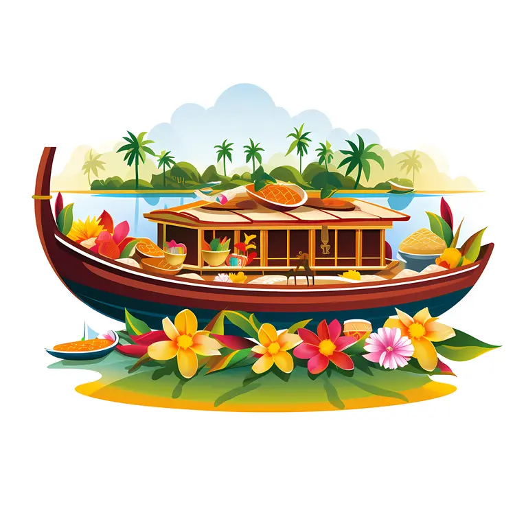 Beautiful Houseboat with Tropical Flowers and Palm Trees