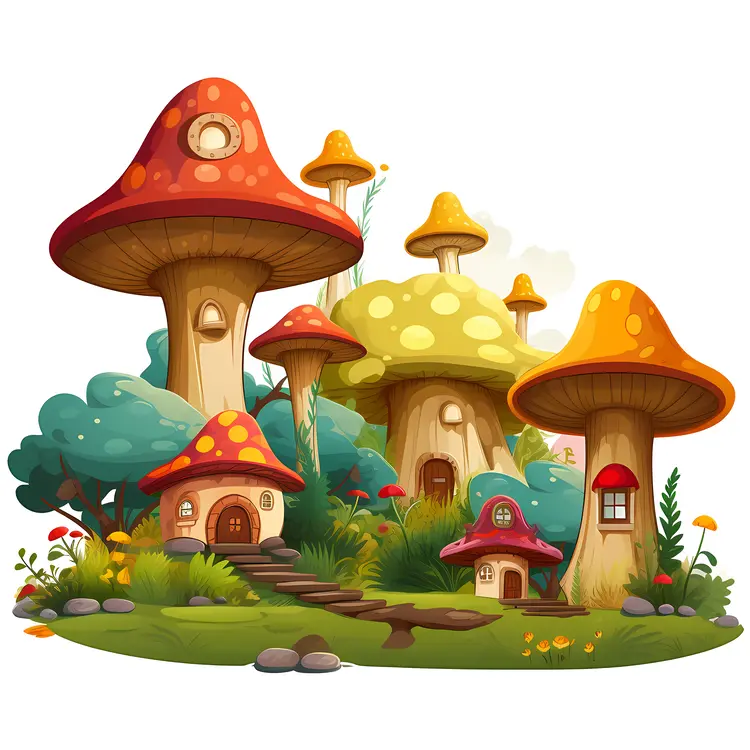 Whimsical Mushroom Houses Illustration