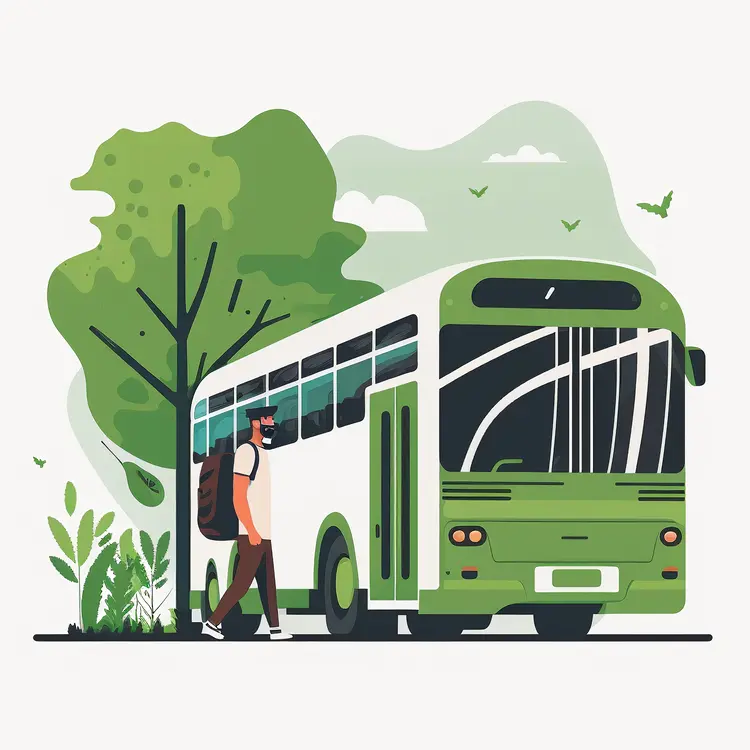 Green Bus with Traveler in Nature Scene