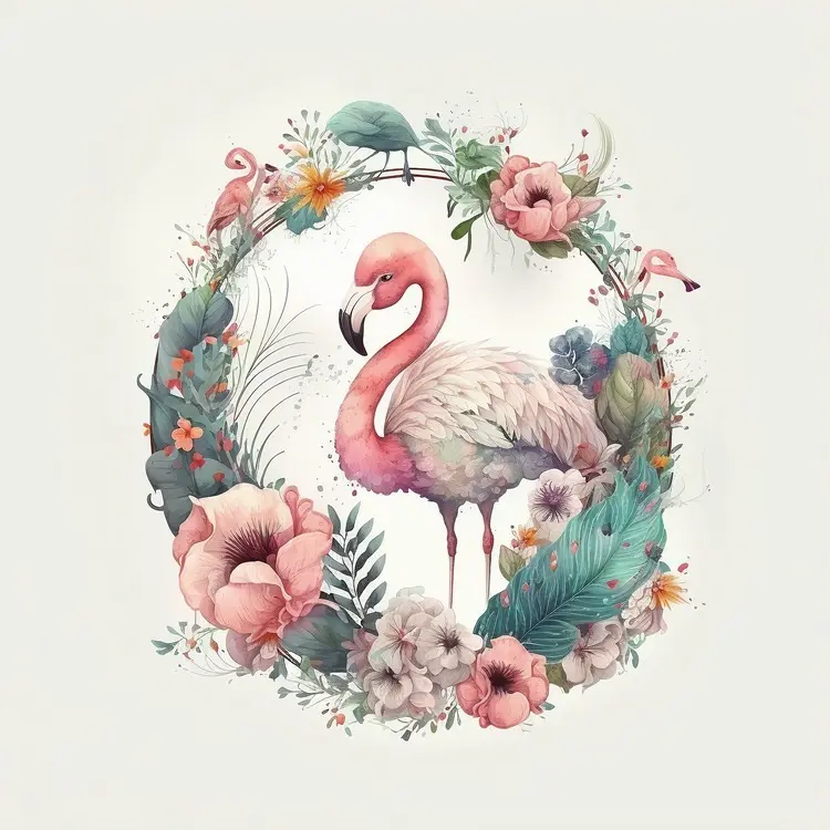 Beautiful Flamingo with Floral Wreath