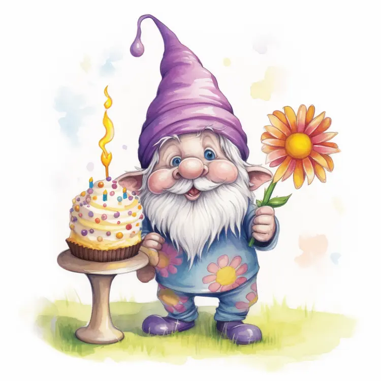 Whimsical Gnome with Birthday Cake and Flower