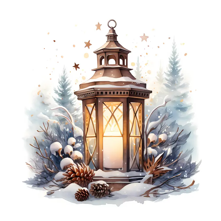 Hexagonal Lantern with Snow and Pinecones
