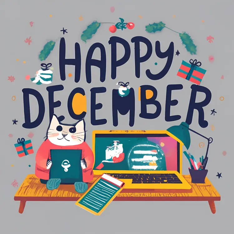 Cat with Laptop Celebrating December