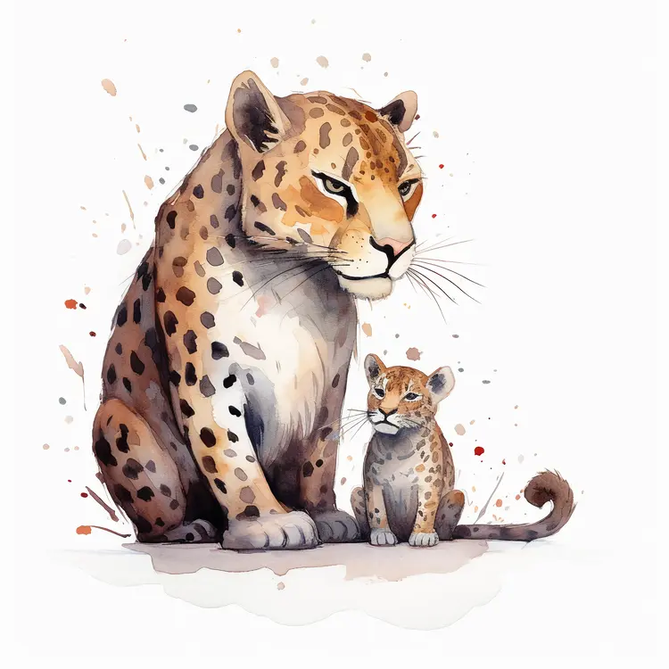 Leopard and Cub Watercolor Illustration