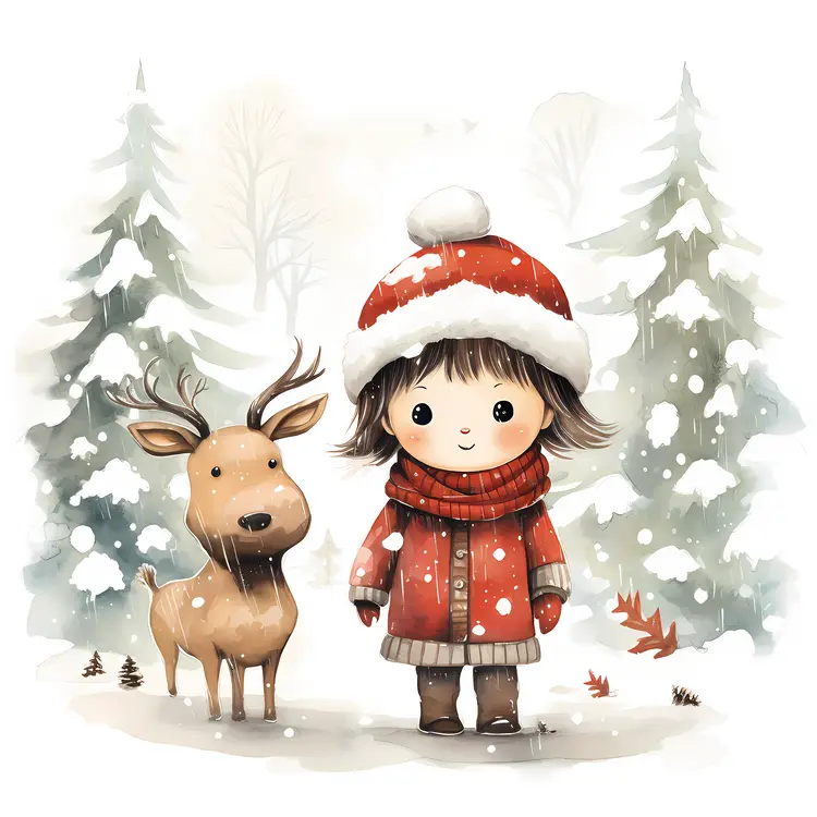 Child and Reindeer in Snowy Forest