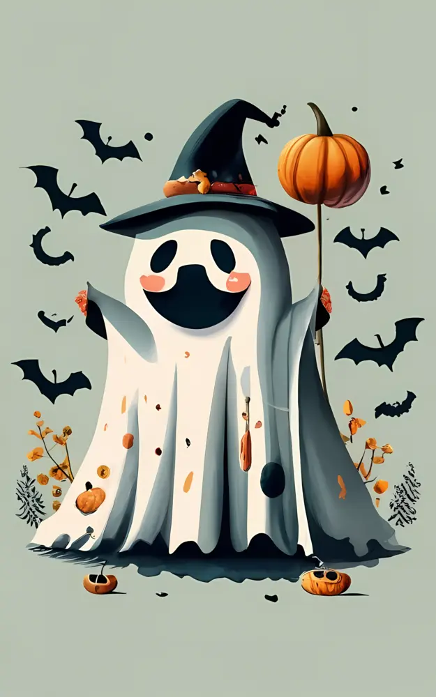 Happy Ghost with Witch Hat and Pumpkin Staff