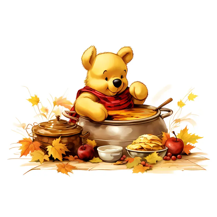 Bear Cooking with Autumn Leaves and Fruits