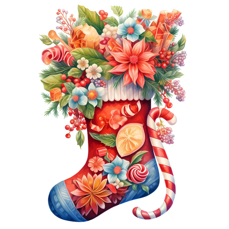 Red Christmas Stocking with Flowers and Candy