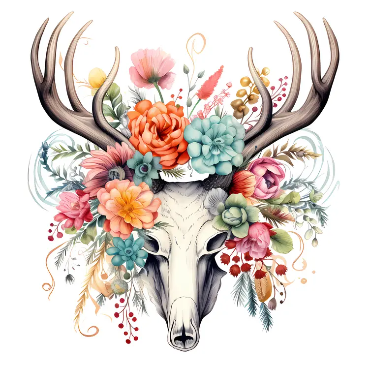 Floral Deer Skull Illustration