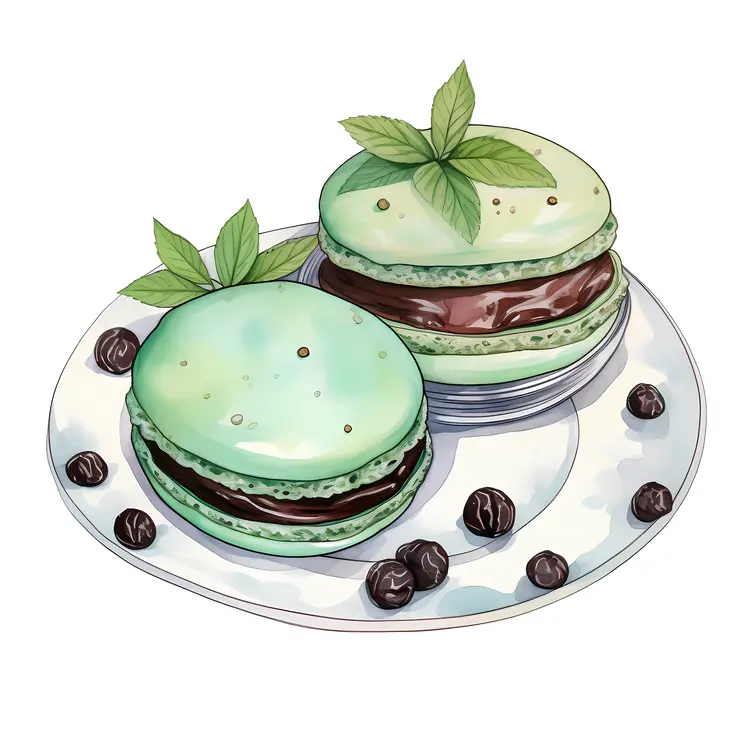 Green Macarons with Mint Leaves on Plate