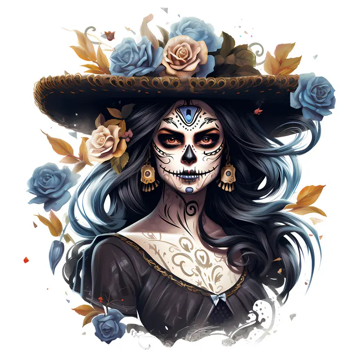 Elegant Sugar Skull Woman with Blue Roses
