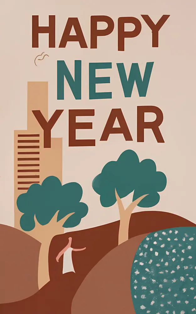 Happy New Year with Cityscape and Trees